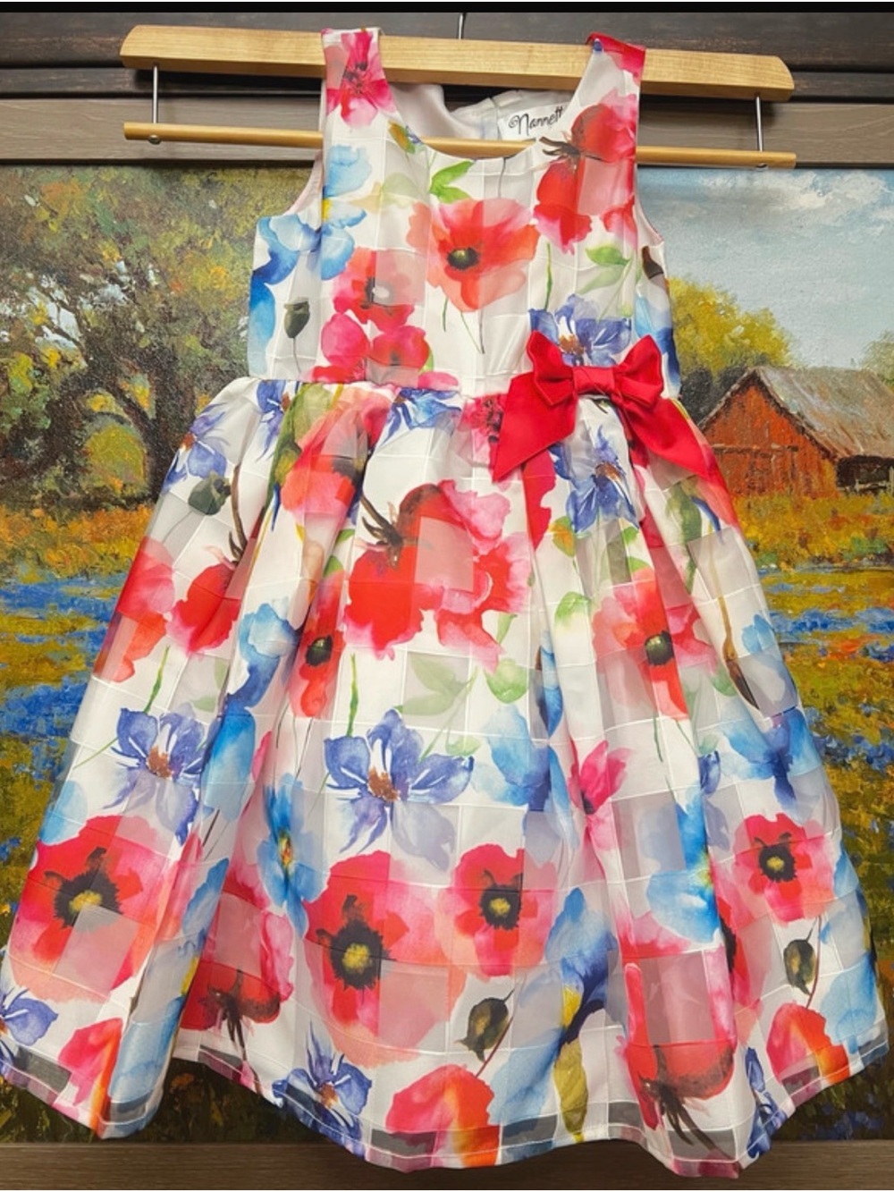 Nannette White Floral Fit-and-Flare Dress with Red Bow
